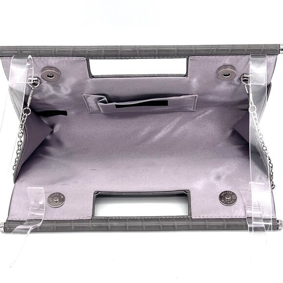 Jessica McClintock Gray Faux Crocodile Emboss Leather Clutch Handbag Chain Strap - Picture 6 of 13